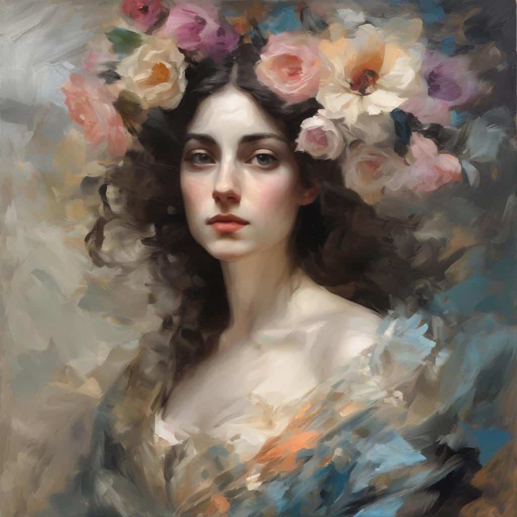 Οπτικό πορτρέτο νεαρής γυναίκας με στεμμα από τριαντάφυλλα, εκφραστική και καλλιτεχνική σύνθεση, ζωγραφικό στυλ που αποτυπώνει το προσωπικό ύφος και το όραμα των καλλιτεχνών.