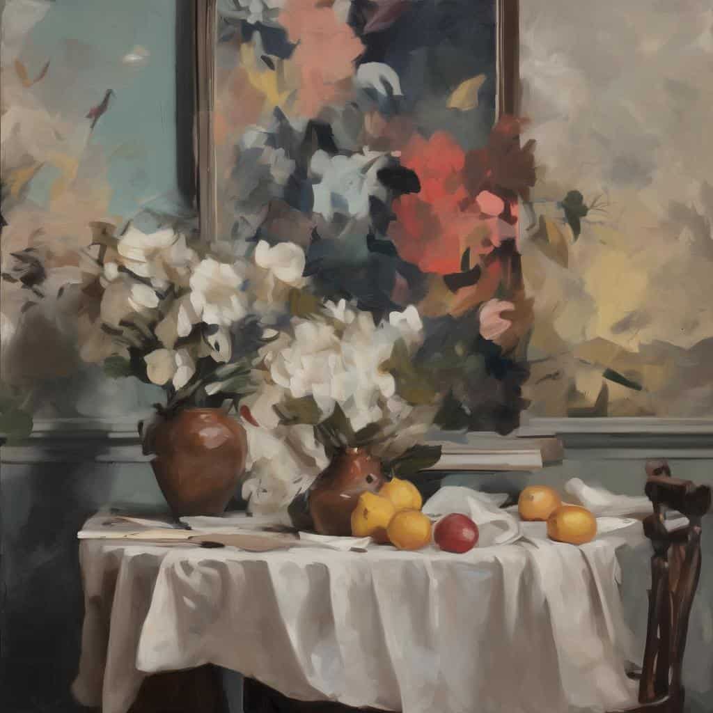 Φωτογραφία με έργο τέχνης και λουλούδια σε εσωτερικό χώρο, αποπνέει το προσωπικό ύφος και το όραμα των καλλιτεχνών.