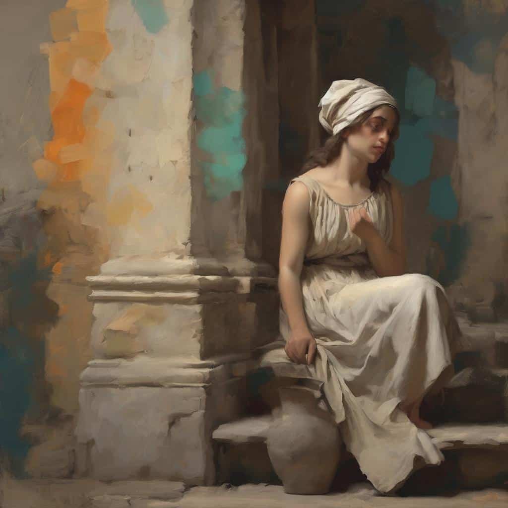 Παραδοσιακό έργο τέχνης με νεαρή γυναίκα σε αρχαίο σκηνικό, εκφράζοντας το προσωπικό ύφος και το όραμα των καλλιτεχνών.
